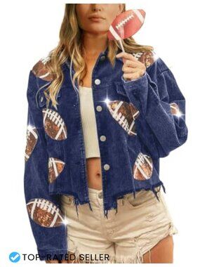 Women Cropped Corduroy Football Jacket Sequin Patched Shacket